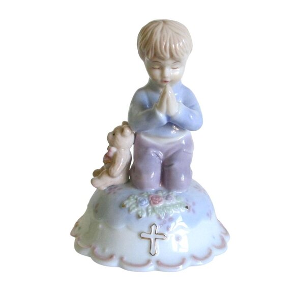 Praying Boy & Bear Music Box Figurine - Gift for Boy - Baby Boy Nursery Gift - Picture 1 of 6